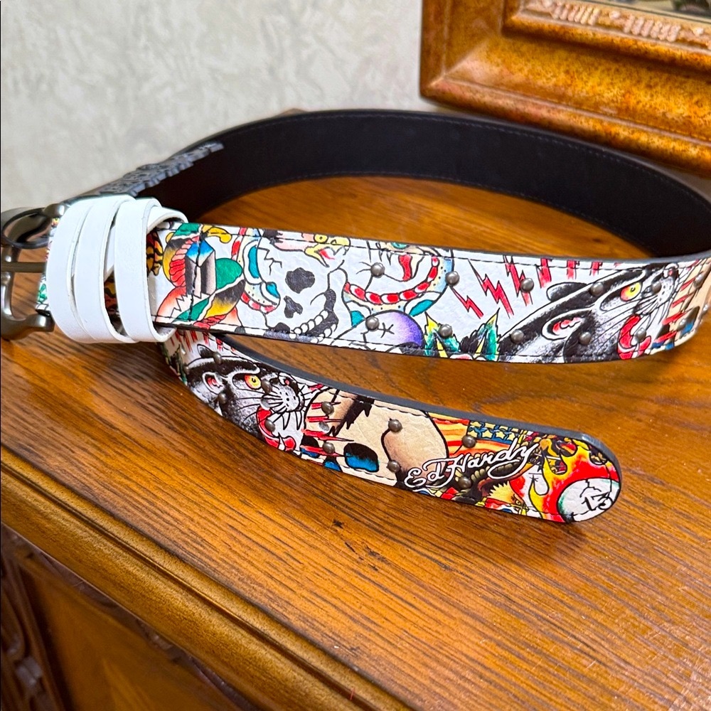 Ed Hardy Men's Skull and Tattoo Belt - Multicolor size 34.